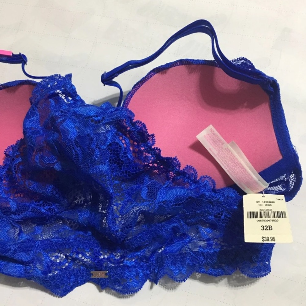 NWT 32B Victoria Secret PINK Push Up Lace Blue Bra